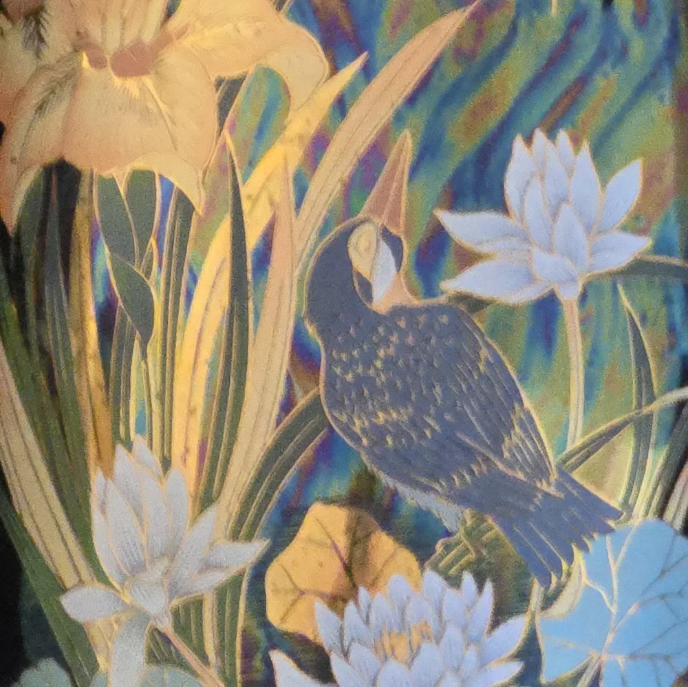 Japanese Pair Of Mid Century Vases Feat. Birds & Water Scene, Iridescent